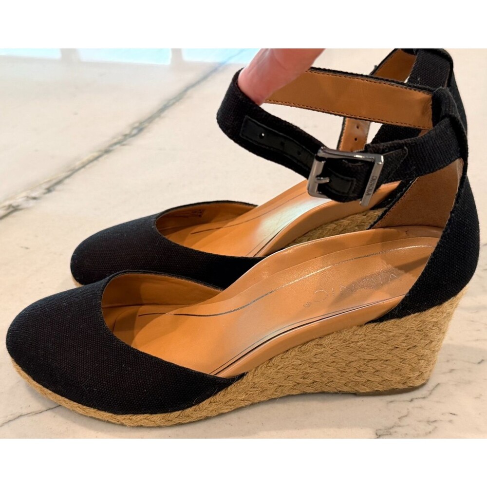Vionic Amy Black Canvas Espadrille Wedge Sandals Ankle Strap Size 8.5